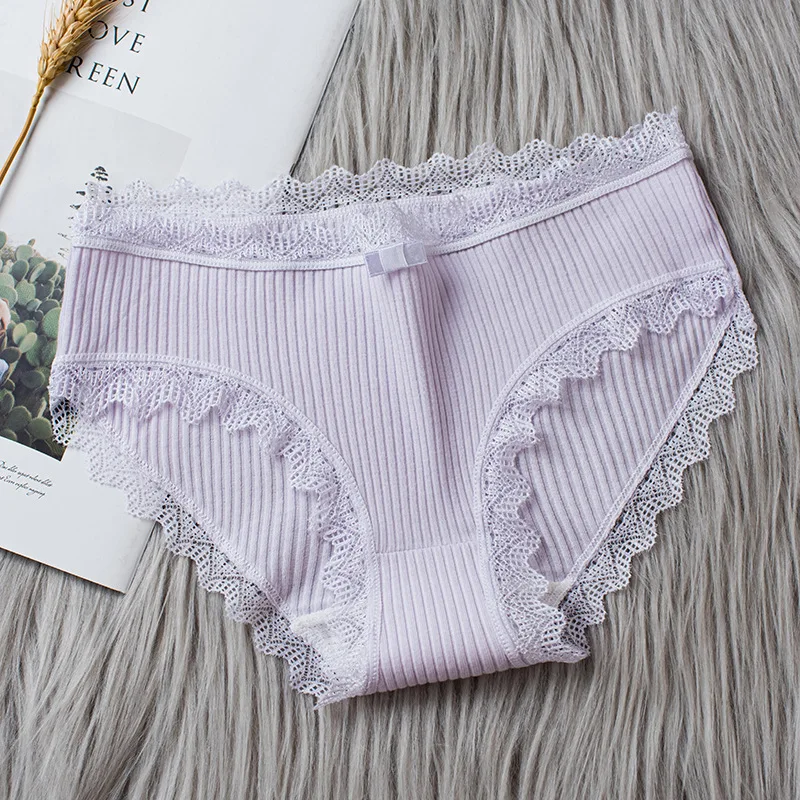 

2022 Fashion Women Casual Panties Lace Mid-waist Underwear Threaded Brief Solid Color Skin-Friendly Ladies Underpants Breathable