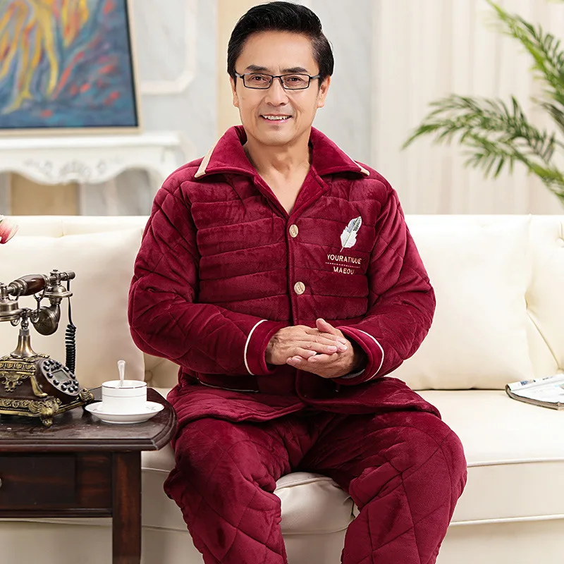 Pajamas Men's Winter Quilted Thickened Father Coral Fleece Three-layer Quilted Jacket Can Be Worn Outside for The Elderly 2020