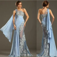 long one shoulder lace light blue evening dresses mermaid floor length chiffon illusion back formal party dresses for women
