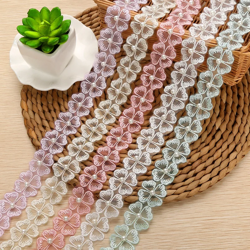 

20Yards Flower Embroidery Lace Trim Pearls Pink White Green Blue Fabric DIY Handmade Garment Materials Accessories 3cm Width