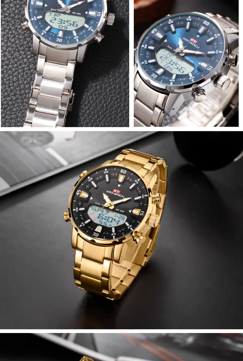 KT New Mens Watches with Stainless Steel Dual Display Waterproof 3D Dial Analog Digital Chronograph Male Sport Style KT1815