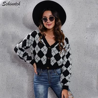schinotch womens cardigan warm argyle sweater preppy style long sleeve knitwear single breasted short sweater ladys clothes
