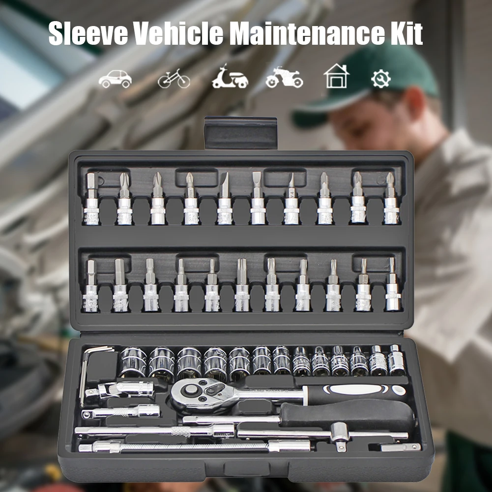 

Quick Ratchet Socket Wrench Slotted Screwdriver Repair Combination Toolbox Hand Tools Ratchet Wrench Set 46pcs