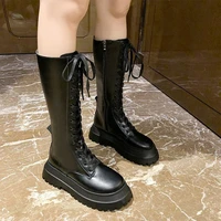women luxury mid calf boots lace up platform ladies non slip zipper pu leather shoes woman fashion casual female footwear