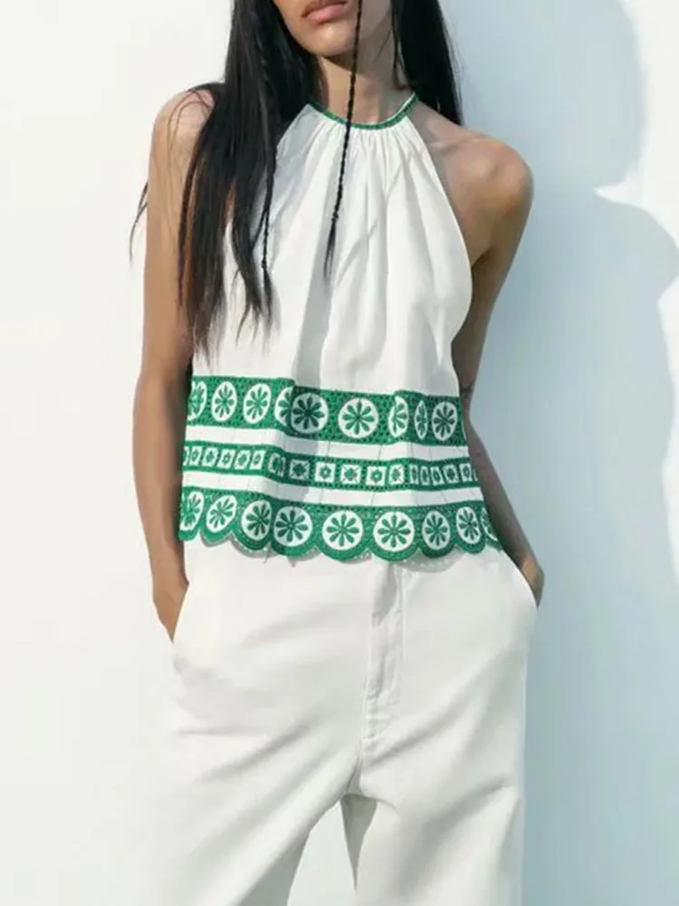 

summer new lady's wild sweet temperament hollow jacquard embroidery halter neck back split blouse