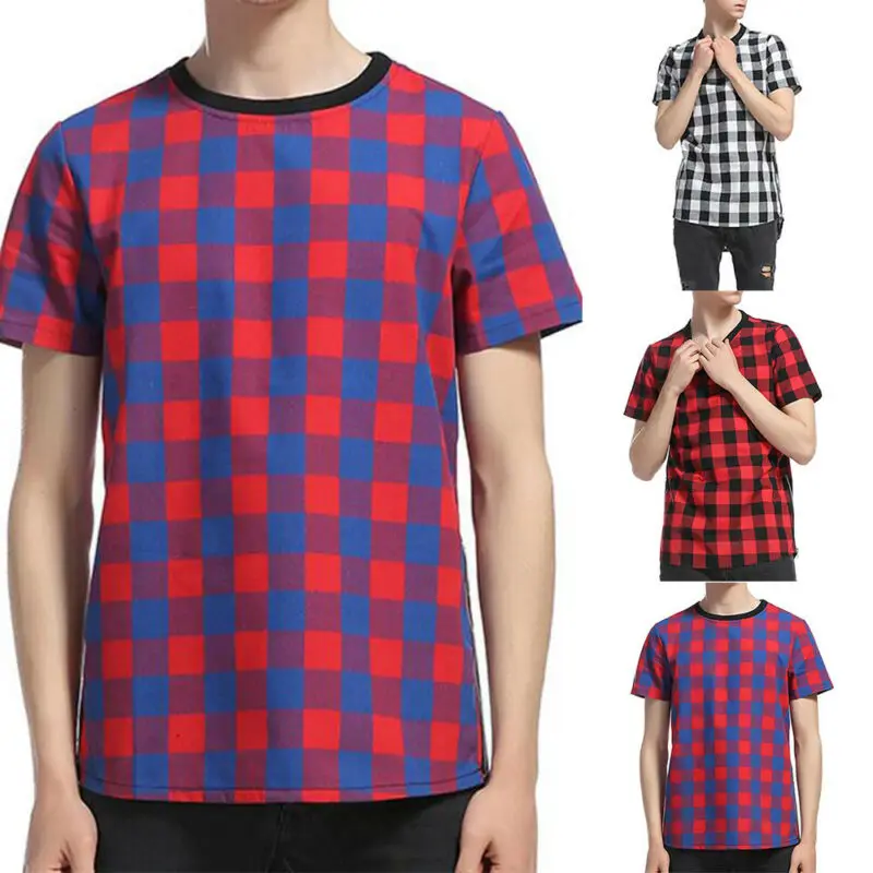 Мужские летние повседневные спортивные футболки в клетку с коротким рукавом и