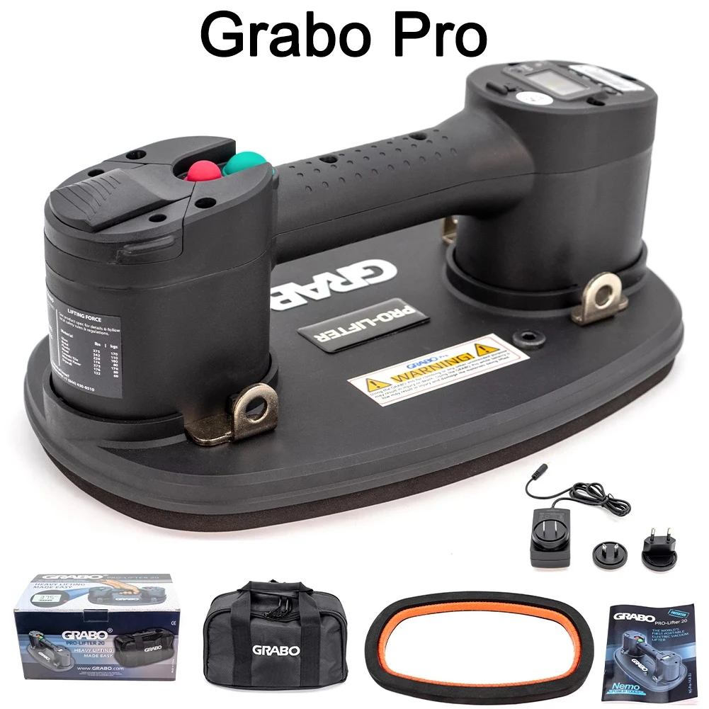 

Grabo Electric Vacuum Suction Cup Lifter for Wood, Dry-Wall, Granit, Glass, Tiles. Glass Lifter 375lbs max Load, X2 Batteries