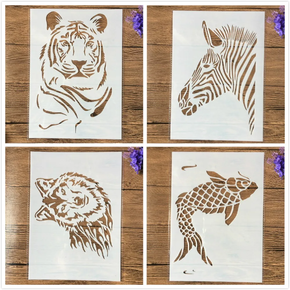 

4Pcs/Set A4 29cm Tiger Wolf Zebra Carp DIY Layering Stencils Painting Scrapbook Coloring Embossing Album Decorative Template