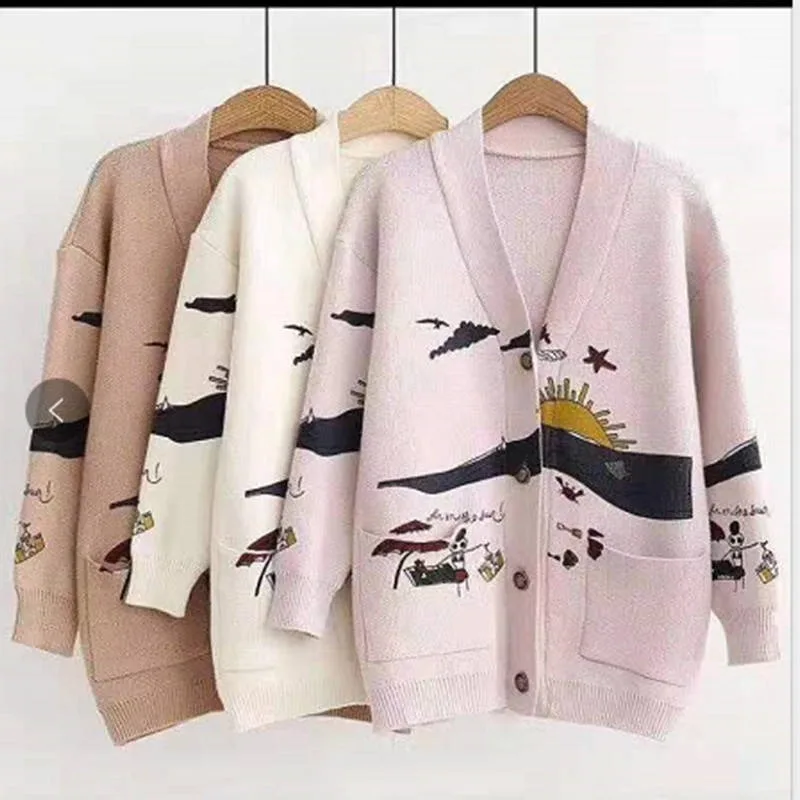 

Cardigan Sweater Women's Autumn And Winter New Loose Cute Print Joker Long Sleeve Women's Knitted Jacket Sweaters Oversize
