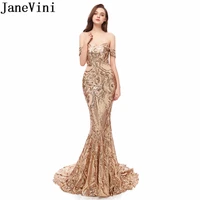 janevini luxury gold prom dresses long arabic mermaid party gowns sexy off shoulder gleaming sequin ladies formal evening dress