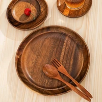 wood hand made acacia dinner plates unbreakable round wood plates for fruits dishes snacks dessert serving tray tableware