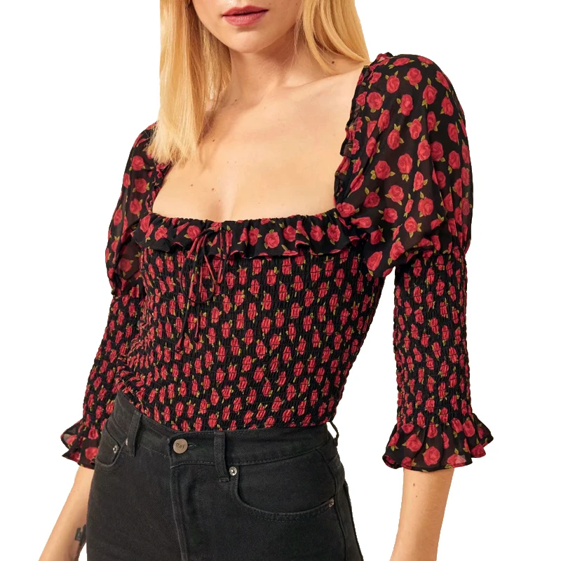 

Women Ruffle Edged Neckline Floral Print Top with Smocked Bodice and Sleeve