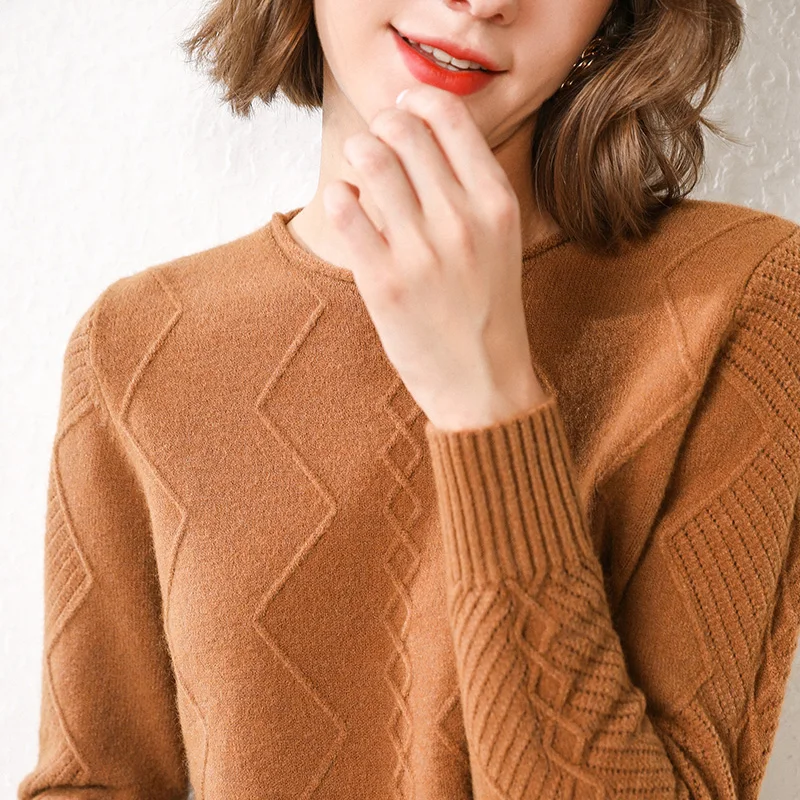 caramel GCAROL New Women O Neck Curled Rhombic Sweater Fall Winter 30% Wool Cashmere Thick Jumper Stretch Warm OL Knitted Pullover S-3XL - Цвет: caramel
