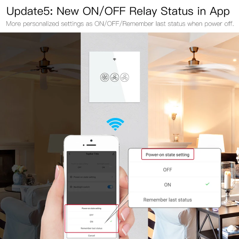 

New Pairing Mode With WiFi+Bluetooth Backlight ON/OFF RF Remote Control Smart Ceiling Fan Switch Work With Alexa Google Home