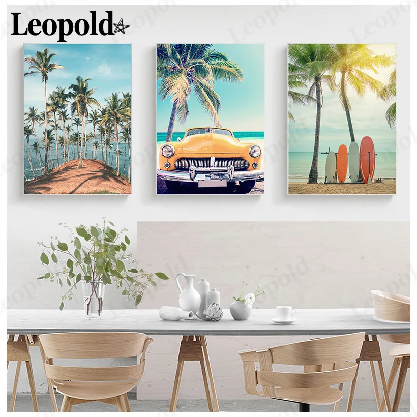 

Nordic Beach Landscape Canvas Poster Surfboard Coconut Tree Starfish Painting Wall Art Modern Home Living Room Decoration