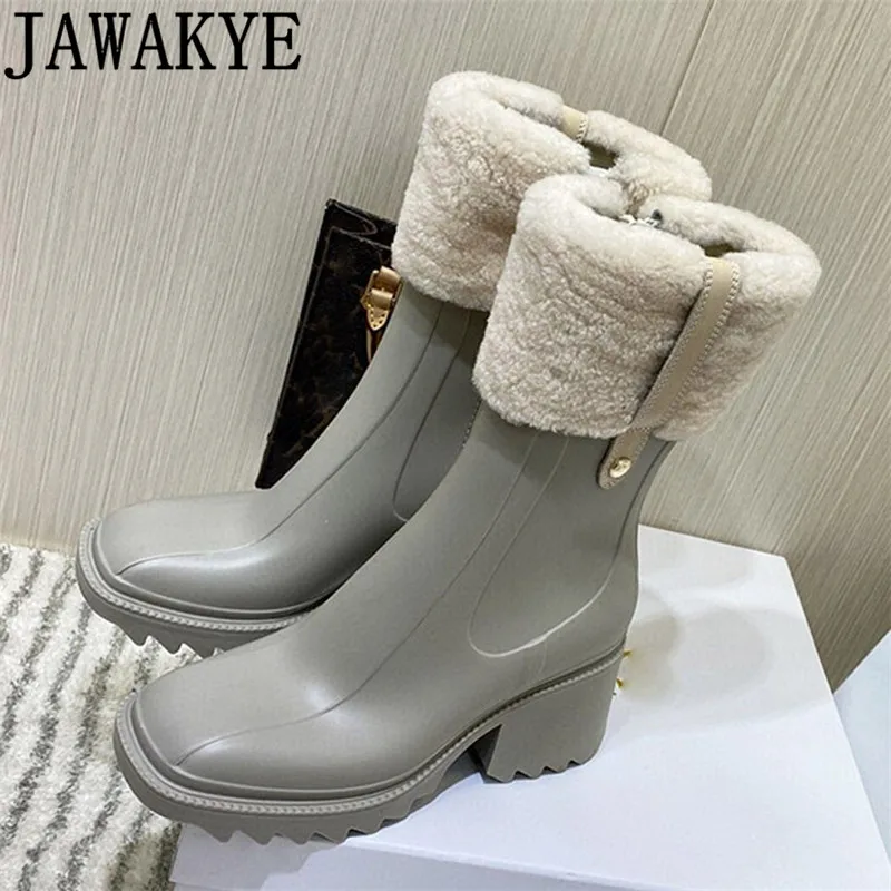 

2021 Hot sale PVC Ankle Boots for Women Chunky Heel Mid-calf Chelsea Boots Luxury Latex shoes Winter Rain Boots botas mujer