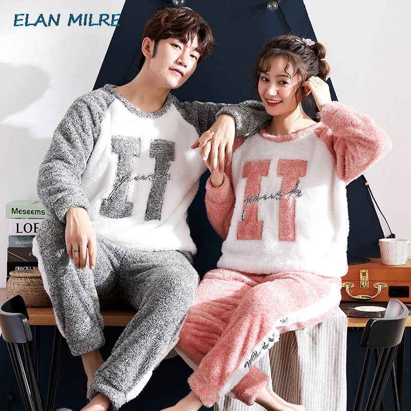 Осень и зима коралловый флис пара пижамы толстые теплые мужчины женщины