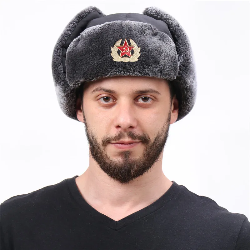 Warm Soviet Badge Lei Feng Hats Men's Russian Army Ushanka Bomber Hat Outdoor Plus Velvet Thicken Caps Faux Rabbit Fur Earflap