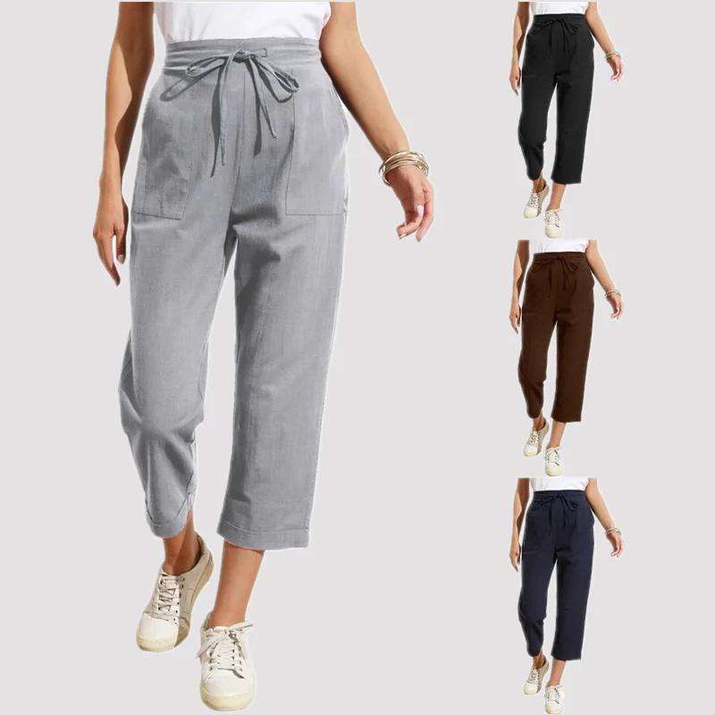 Брюки женские тонкие из хлопка и льна Свободные повседневные однотонные
