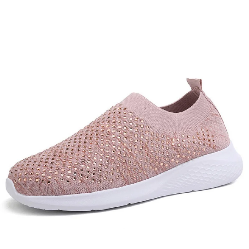 

Women's Flats Bling Sneakers Autumn Vulcanized Shoes Crystal Soft Comfort Light Ladies Casual 2020 Slip on Female Sock Shoes