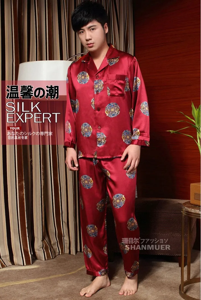 Men's Pajamas Set 100% Pure Silk Men Lounging Wear Floral Sleepwear Size L XL XXL