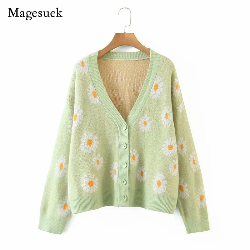 

Женский свободный вязаный кардиган, Повседневная Верхняя одежда с длинным рукавом, V-образным вырезом и цветочным принтом, свитер на пугови...