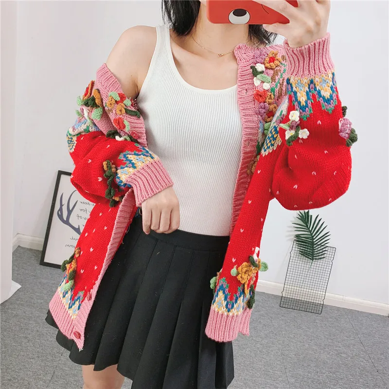 Ancient sweater early autumn hand knitted three-dimensional flower wheel college bright sweater cardigan woman