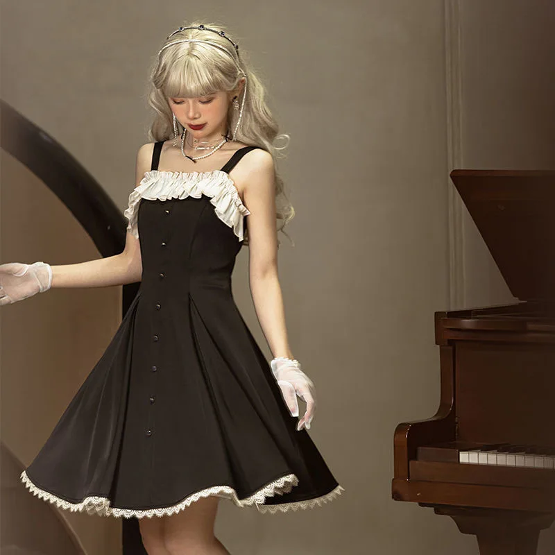 

Japanese Gothic Lolita Jsk Dress Women Victorian Vintage Sweet Lace Ruffles Party Sleeveless Dresses Girls Harajuku Punk Dress