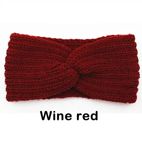 Wine red Зимняя теплая вязаная повязка на голову для женщин, шерстяная повязка на голову с вязаным узлом, тюрбан, повязка на голову для ушей, теплые повязки на голову, женские аксессуары для волос - Цвет: Wine red