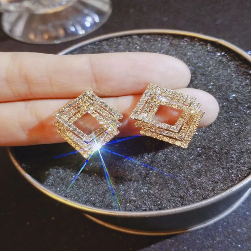 

Milangirl New Popular Golden Dazzling Rhinestones Rhombus Square Geometric Stud Earring for Women Girls Clear Crystal Jewelry