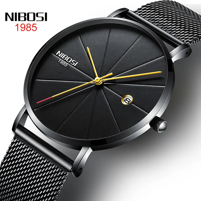 

NIBOSI 7.5mm Ultra Thin Quartz Watch Men Stainless Steel Mesh Strap Waterproof Sports Watches Calendar Relogio Masculino 2321