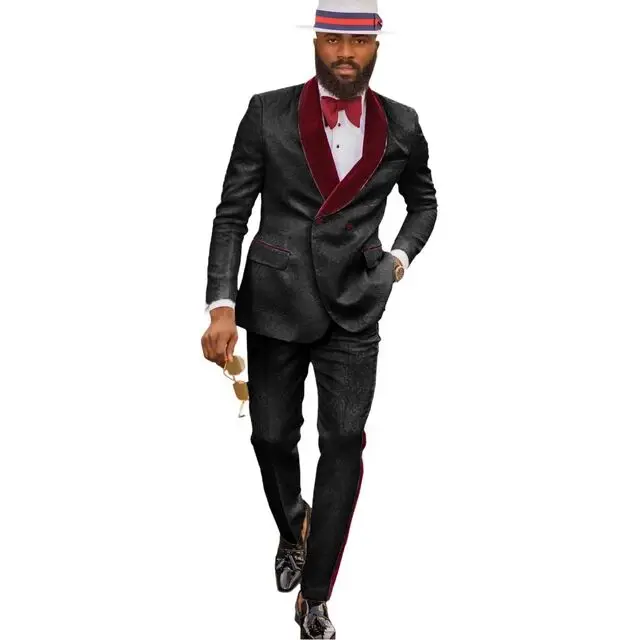 2021 Double Breasted Men Suit With Pants Black Floral Tuxedo Burgundy Velvet Lapel Party Dress Groom Suit Wedding Suit For Men