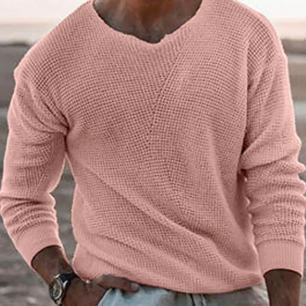 

Men Slim Fits Shrink Resistant Sweater Long Sleeve Solid Color Breathable V Neck Stretchy Knitted Pullover Sweater Streetwear