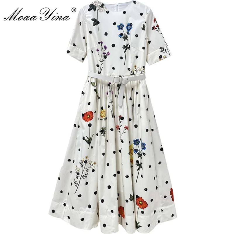 

MoaaYina Fashion Designer Cotton dress Summer Women Short sleeve Floral-Print Cotton Dress