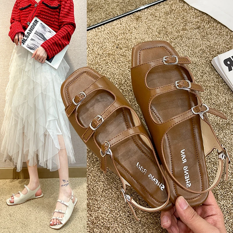 

All-Match 2021 Summer Sale Of Women's Shoes Clear Heels Beige Heeled Sandals Buckle Strap Square Toe New Black Retro Low Girls C