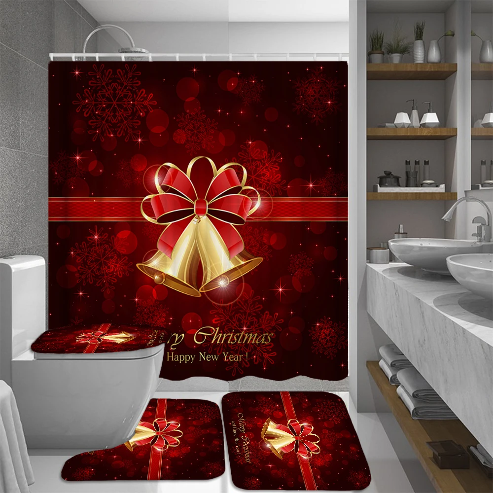 

Merry Christmas Bathroom Shower Curtain Set Waterproof Bathtub Curtains Xmas Non-Slip Bath Mat Toilet Seat Cover Pedestal Rug