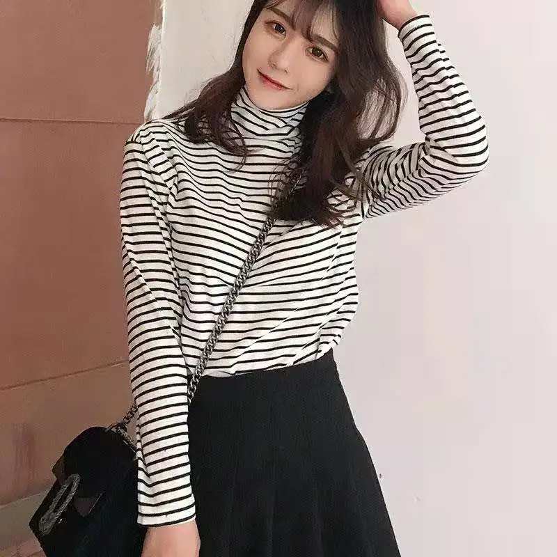 

Winter Joker Women's Top High Neck Black and White Long Sleeve T-Shirt Loose Top Base Large Size Autumn Garment