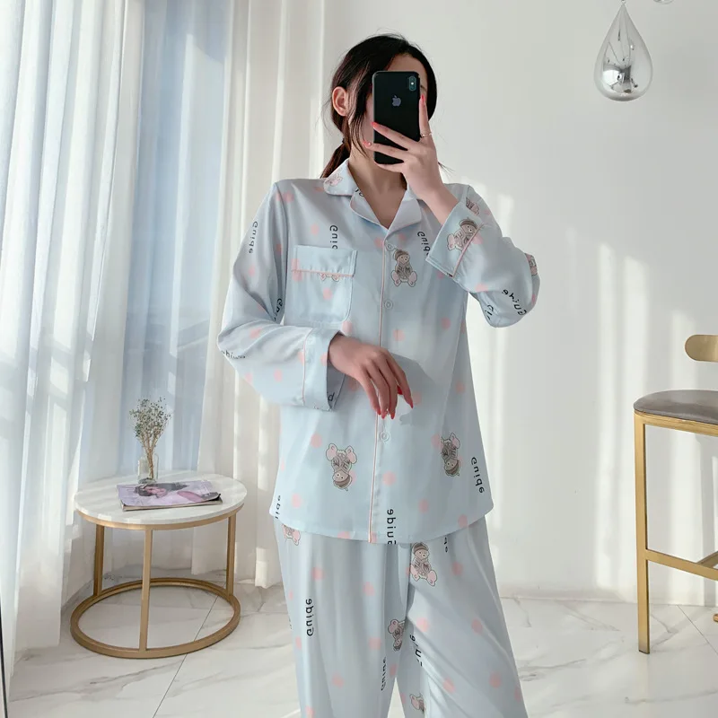 Long Sleeve Pajamas Autumn Trousers Suit Fashion Pyjama Set Large Size Nightwear Home Service House Nightdress Costume Outfit