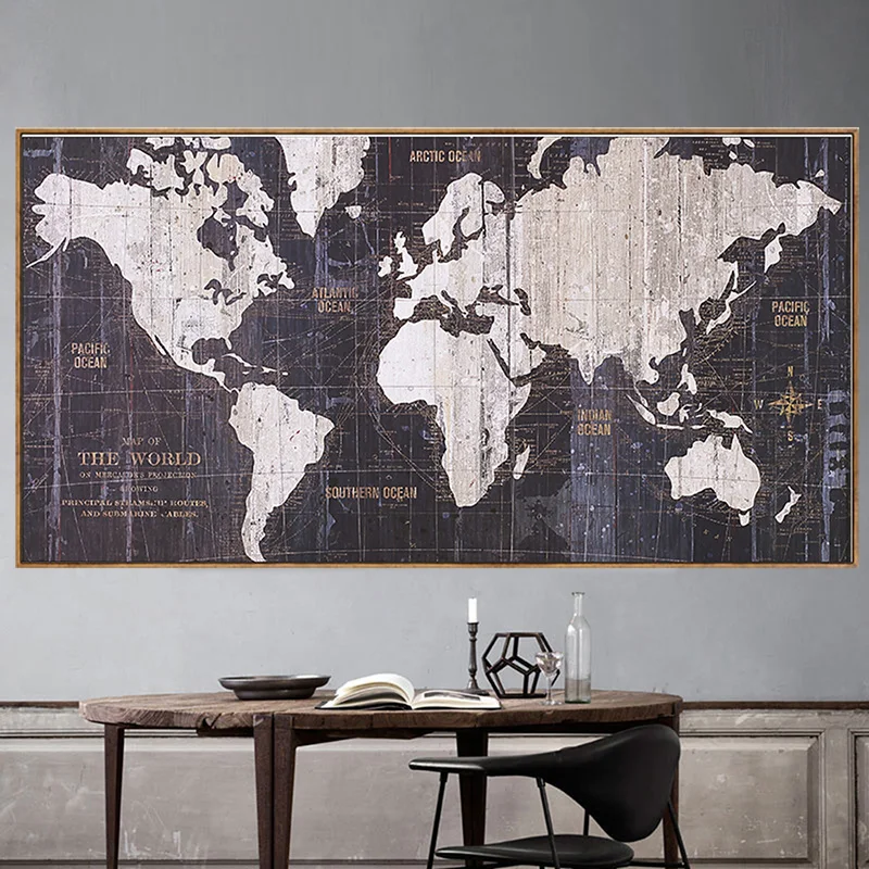 Абстрактная черно белая карта мира большого размера современная живопись на