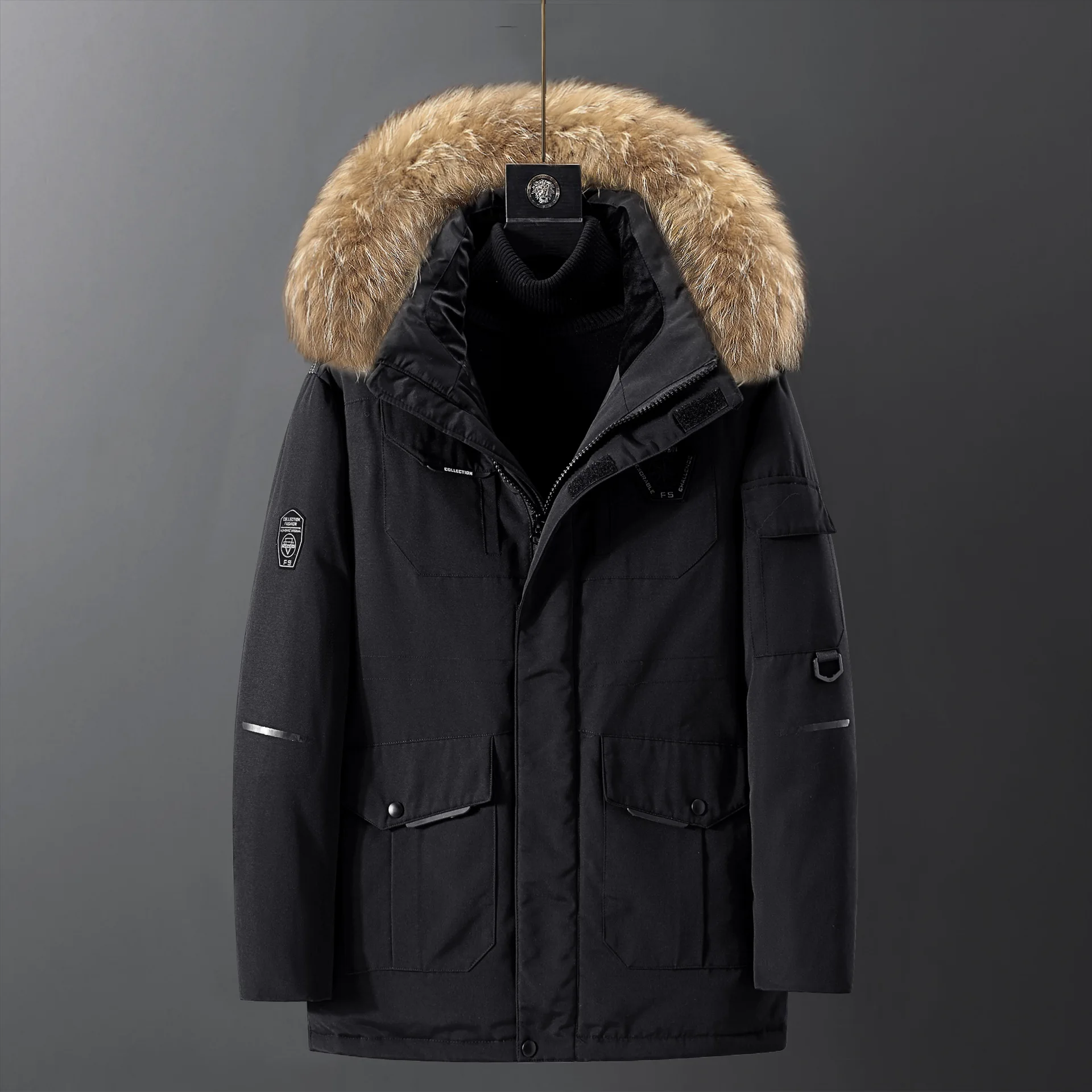 Men's Down Jacket Thick Warm Waterproof Coat Hooded Parka Jacket with Faux Fur Collar Male Winter Windproof Clothes Outwear