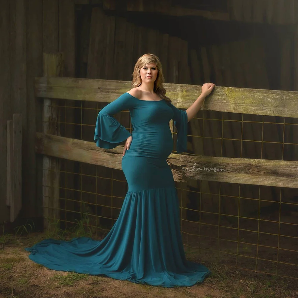 

Pregnant Long Dress Women Flounce Sleeve Trailing Cotton Mermaid Dress Off-shoulder Elegant Pregnant Photograph Dress XUCTHHC