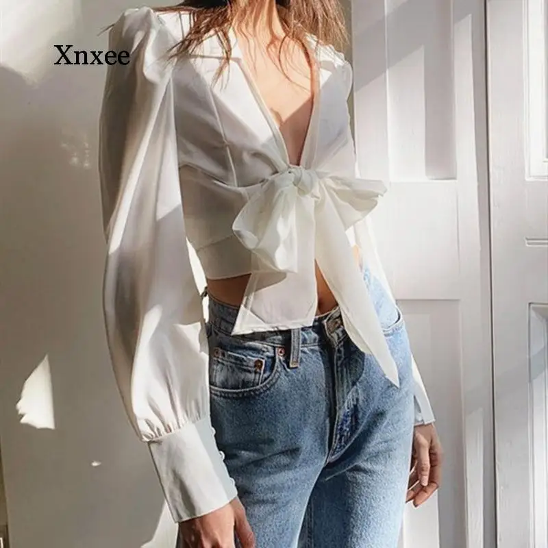 

Women Elegant Sweet Bow T-Shirt Design Sense Spring Short Strap Elasticity High Waist Long Lantern Sleeve Female Crop Top