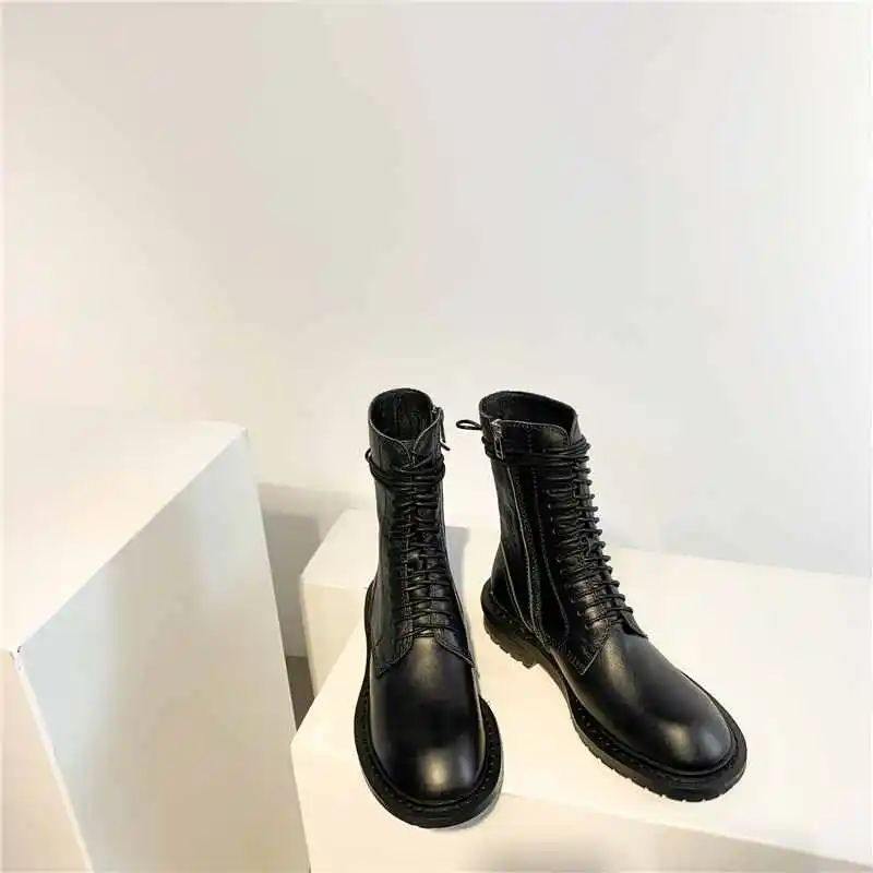Beli Lenkisen Panas Merek Fashion Kulit Asli Boots Round Toe Med Sepatu Hak Musim Dingin Sederhana Renda Hitam Atau Netral Mengenai Saham Hangat Pertengahan Betis Boots L68