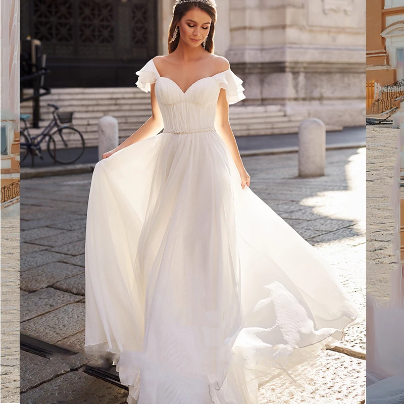 

Sweetheart Boho Wedding Dress Civil For Women Robe De Mariee Cap Short Sleeves Vestido de Novia 2021 Chiffon Boho Beach Beading