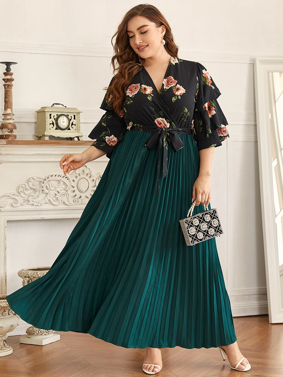 2022 Plus-size Women's Print Dress Pleated Green Muslim Middle East Multi-layer Sleeves