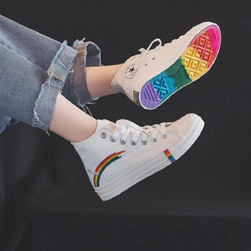 

Canvas Sneakers Women Casual Vulcanized Shoes High Top Flats Rainbow Student Light Breathable Tennis Sports Lovers Travel Shoes