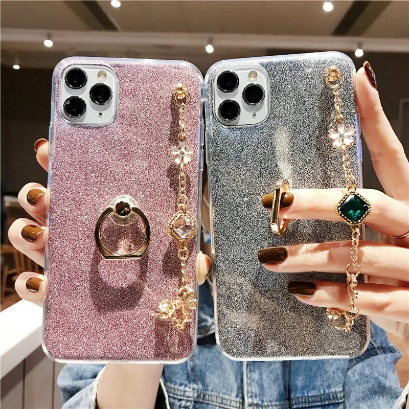 

Flower Gemstone Bracelet for iPhone 11 12 Pro Max X XS XR XSMAX 7 8 Plus Creative Stand Transparent Soft Cover
