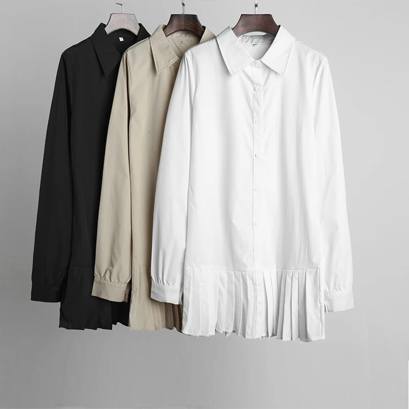 

Autumn Long Sleeve White Pleated Shirt Dress 2020 Women Casual Turn Down Collar Mini Dress Button Lady A Line Office Vestidos