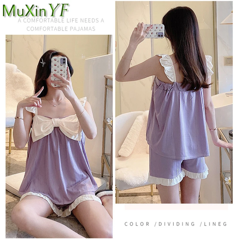 Women' Two Pieces Pajamas Set 2021 Summer Girls Sweet Big Bow-Knot Purple Thin Sleeveless Tops Shorts Sets Lady Leisure Homewear