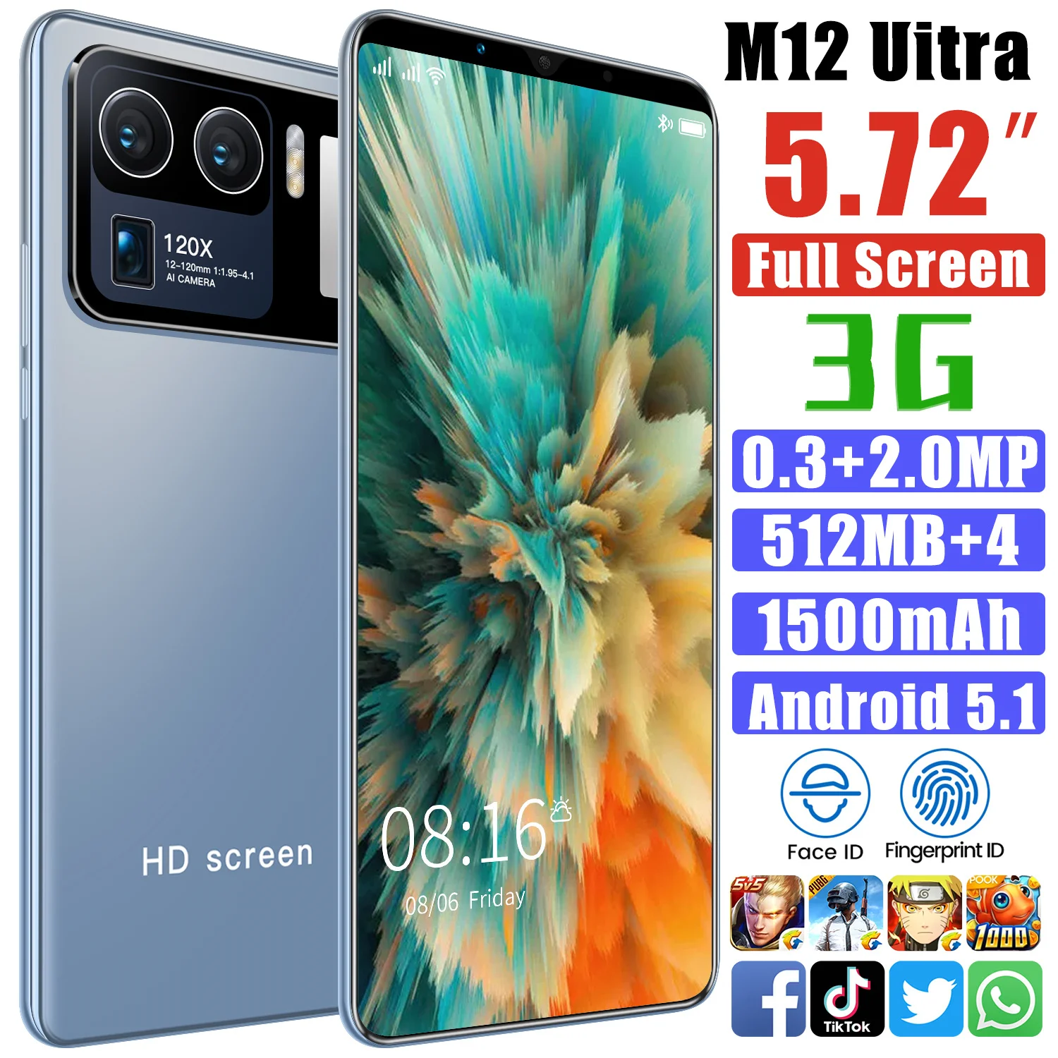 

Smartphone M12 Ultra 5.72 Inch 512MB + 4GB Mobile Phone Android 5.1 1500 mAh Face Fingerprint Recognition To Unlock The Phone 3G